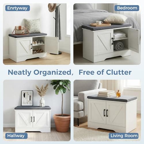 DUMOS Shoe Storage Bench, 47" Wide Shoe Organizer Cabinet with Padded Seat Cushion, 4 Doors, Adjustable Shelf for Entryway, Hallway, Bedroom, Living Room, White 5