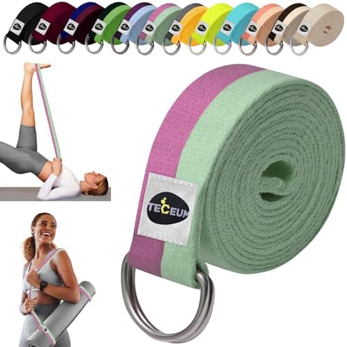 TECEUM [New 2022] Yoga Strap – 100% Cotton – 6 ft 8 ft 10 ft (6+ Colors) – Adjustable Non-Slip Belt for Daily Yoga, Pilates, Stretching, Physical Therapy, Fitness & Home Workout – for All Levels