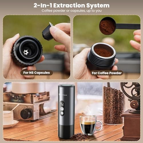 Maestri House 150W Espresso Maker with 2-3 Min Fast Self-Heating, Portable Travel Espresso Coffee Machine with Bag, Small Tea Cup Also Holder for NS Capsule & Ground Coffee for Car Camping, RV, Hiking 6