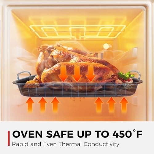 HONGBAKE Small Roasting Pan with Flat Rack for 15 Lb Turkey, 16 X 11.5 Inch Nonstick Chicken Roaster Tray for Oven, Baking Pans for Cooking Lasagna with Stainless Steel Handles 7