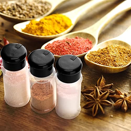 Geiserailie 6 Pieces Plastic Salt and Pepper Shakers with Lid 3.5 oz Clear Spice Seasoning Bottle Containers Moisture Proof Dispenser for Storage Salt Sugar Spice Herbs and Powders(Black) 5