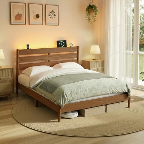 VASAGLE Queen Bed Frame with Headboard, LED Lights, and Charging Station, Mid-Century Modern Platform Bed, Solid Wood Legs and Slats, No Box Spring Needed, Caramel Brown URMB411K01S