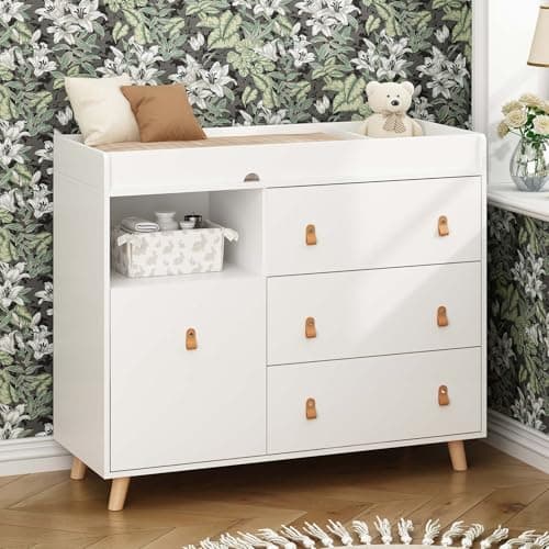 Timechee Baby Dresser Changing Table with Drawers,Shelf,Hidden Laundry Basket Storage,2 in 1 Nursery Dresser Chest for Infants, Baby Diaper Changing Station for Daycare,Bedroom,White