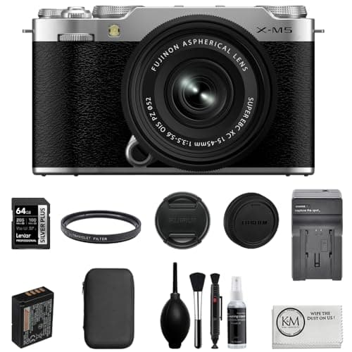FUJIFILM X-M5 Mirrorless Camera with XC 15-45mm f/3.5-5.6 Lens | Silver Bundle with 64GB Memory Card + Battery Charger + UV Filter + Deluxe Photo Starter Kit + Cleaning Cloth (6 Items)