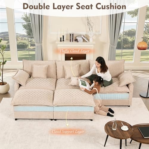GOSUHI 108" U Shaped Couch, Modular Sectional Sofa, 3-Seater Comfy Cloud Couch, Set of Modular Pieces with Movable Ottoman, Deep Seat Couches for Living Room, Chenille, Flat White 5
