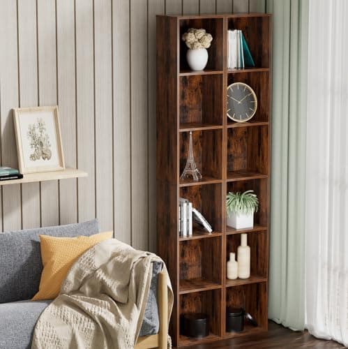 QieerHior Tall Narrow Bookshelf 6-Tier Bookcase,70.5" Skinny Thin Corner Shelf Slim Storage Cabinet,Wood DVD CD Media Cube Organizer Tower Rack for Small Spaces, Bedroom, Living Room, Office,Brown 5