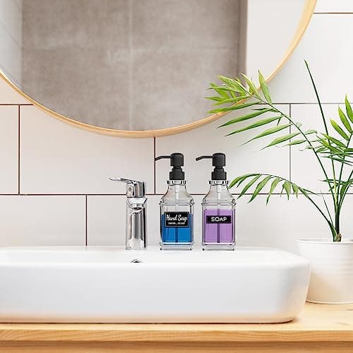 LMQML Soap Dispenser - 2 Pack, Antique Design Thick Glass Hand Soap Dispensers with Sturdy Tray; 304 Rust Proof Stainless Steel Black Pump, 12Pcs Stickers, for Kitchen, Bathroom 7