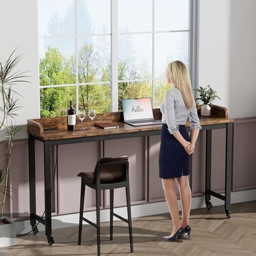 Ytaoka 70.8" Standing Desk with Charging Station, Extra Long Desk on Wheels for Standing and Sitting, Sofa Table Behind Couch with Power Outlets and USB Ports, Easy Assembly, Walnut