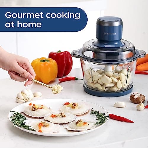 La Reveuse Food Processor,Electric Food Chopper with 7-Cup (1.7L) Glass Bowl, 4 Bi-Level Blades for Chopping,Grinding,Mincing,Whisking,Meal Prep,300W,Blue 7
