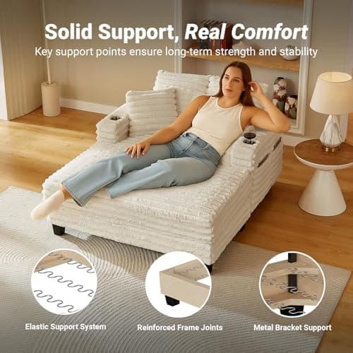 Amsleekey 64" Chaise Lounge Chair Indoor, Oversized Sleeper Chair with Wood Frame, Upholstered Sofa Bed for Living Room, Movie Room, Bedroom with 4 Storage Pockets&2 Cup Holders(Plush Corduroy, Beige) 5
