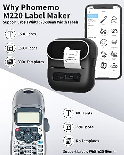 Phomemo Label Maker,M220 Label Printer,3 Inch Bluetooth Thermal Label Maker Machine with 6000+ Icons,700+ Templates,400+ Fonts,for Kids School Items,Small Business,Large Sticker 9