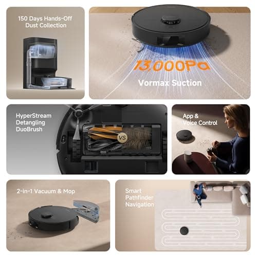 DREAME D20 Plus Robot Vacuum and Mop, 13,000Pa Suction, Self-Emptying with 5L Dust Bag, DuoBrush for Pet Hair, LDS Mapping, App & Voice Control, Ideal for Hard Floors & Carpets (Black) 10