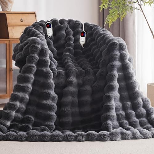 Anysay Heated Blanket King Size with 1/2/4/6/8 Hours Auto-Off 10 Heat Level, 90'' * 100'' Cozy Faux Rabbit Fur Bubble Electric Blanket with Overheat Protection(Dark Grey)