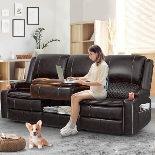 Yolsali 3-Seater Recliner Sofa, Manual Reclining Couch with Multi-Functional Middle Seat, Reclining Sofa for Living Room with Hidden Storage Space, Cup Holders, and Removable Console - PU Brown