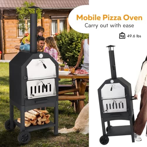Outvita Outdoor Pizza Oven, Wood Fired Pizza Oven with Adjustable Chimney, Wheels, Pizza Stone, Pizza Peel, Grill Rack for Patio Cooking Picnic Party 5