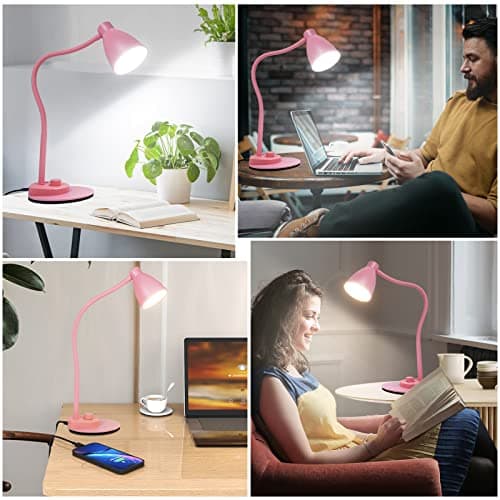 BOHON Cute Desk Lamp with USB Charging Port, Pink Lamp 3 Color Modes Dimmable LED Reading Lamp, Flexible Neck Auto Dimming Table Task Light for Home Office Dorm Bedside, Pink 8