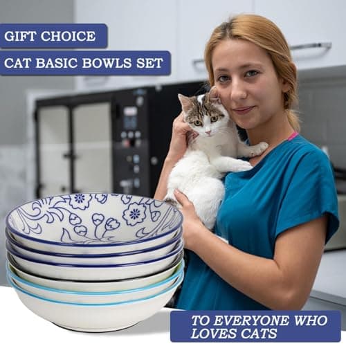 Ceramic Cat Bowls with Non-Slip Silicone Bottom,Prevent Whisker Fatigue,Reduce Mess,Wide Cat Bowls for Indoor Cats,6 Colorful Set for Daily Feeding Gift Choice (Classic) 7