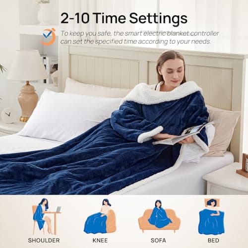Westinghouse Electric Snuggle Throw Blankets with Foot Pocket, Wearable Heated Blanket with Sleeves, 6 Heating Levels & 2 to 10 Hours Heating Time Settings, 50 * 70"+18", Navy 5