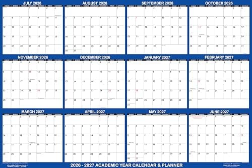 32x48 SwiftGlimpse 2026-2027 Academic Wall Calendar Dry Erase Erasable, XLarge, Wet & Dry Erase Laminated, JULY 2026 to JUNE 2027 ONLY
