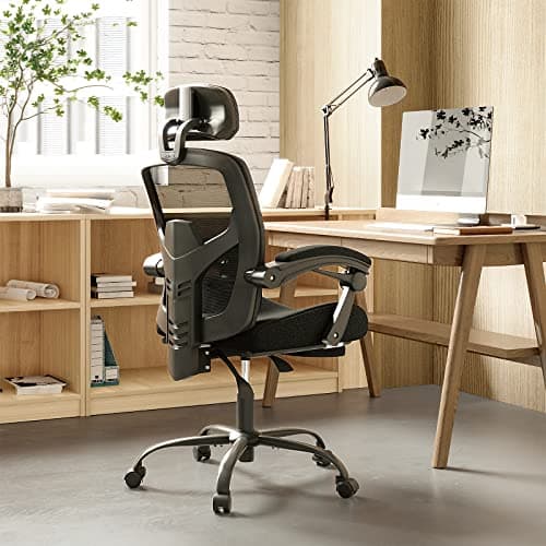 Sweetcrispy Office Computer Desk Chair with Footrest,Ergonomic High-Back Mesh Rolling Work Swivel Chairs with Wheels,Comfortable Lumbar Support,Comfy Arms for Home,Bedroom,Study,Student, Light Black