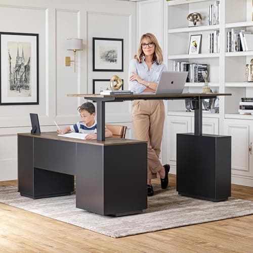 FEZIBO 63" L Shaped Standing Desk with Storage, Executive Height Adjustable Table, Deep Wood Grainy 4