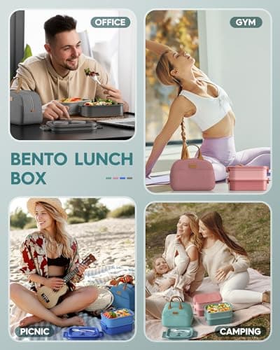 KEMETHY Adults Bento Lunch Box Set with Thermo Bag, 74oz Stackable Leak-proof 3-tiers Bento Box, Built-in Utensil and Sauce Container for Work, School, Dining Out (Green) 6