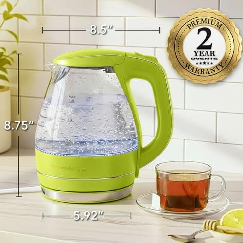OVENTE Electric Kettle, 1.5L Borosilicate Glass Countertop Water Heater and Boiler for Coffee or Tea, BPA-Free, Auto Shut-Off,  Boil-Dry Protection, Removable and Washable Spout Filter, Green KG83G 8