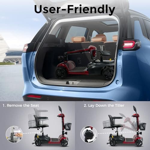 MOVEMAGIC Adult Mobility Scooter with Lithium Battery, 45 Miles Long Range Electric Mobility Scooter for Elderly, Cell Phone Holder, Top Speed 6.2MPH, Foldable Travel 4 Wheel Mobility Scooter (RED) 6