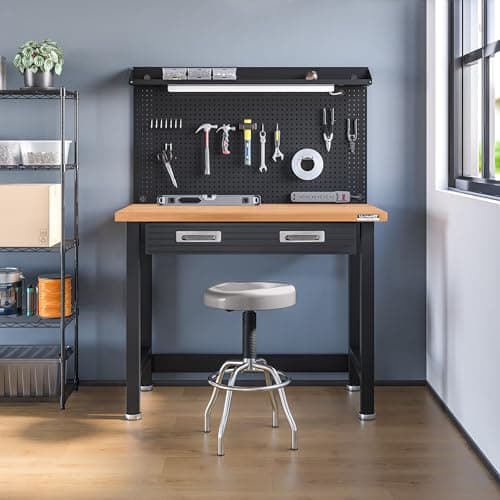 Seville Classics UltraHD Heavy Duty Commercial Lighted Workcenter w/Pegboard, 500 lbs. Weight Capacity for Garage, Warehouse, Workshop, Solid Wood Top, Graphite, 48" W x 24" D x 65.5" H 5