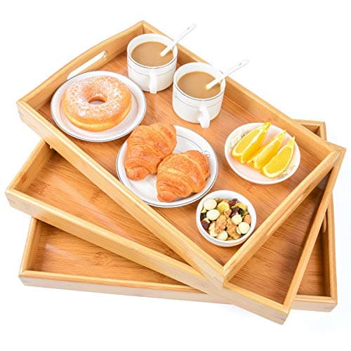 3 Pack Bamboo Serving Trays with Handles, Rectangular Kitchen Food Tray for Eating, Dinner Trays for Eating on Couch, Wood Serving Platter for Breakfast, Tea, Bar, Restaurant, Party or Bed (Beige)