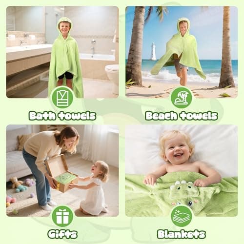 UNEEDE Green Dinosaur Bath Hooded Towel for Kids,Extra Soft and Fast Drying Poncho for Toddlers Age 3-10,Kids Beach Hooded Towel Polyester Size 31 x 47 in,Machine Washable Poncho for Bath Beach Pool 8