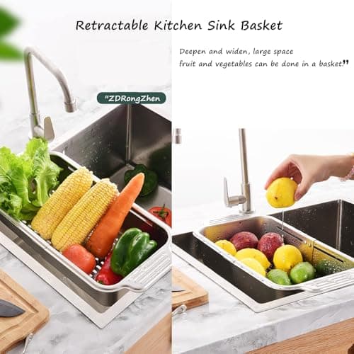 ZDRongZhen Kitchen Supply-Over the Sink Colander Strainer Basket Stainless Steel Retractable Kitchen Sink Basket -Wash Vegetables and Fruits, Drain Pasta and Dry Dishes,Extendable (Medium Silver) 6