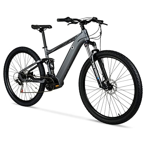 Hyper E-Ride Electric Mountain Bike for Adults 29 Inch. 250w, 36v Battery, Mountain Ebike with Shimano 7-Speed Grip Shifter. Dual Suspension. Rear Air Shock Electric Bicycle for Adults. Matte Grey