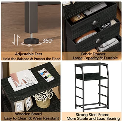 Furnulem Black Night Stand, Small Dresser for Bedroom, Nightstand with 3 Fabric Storage Drawers and 2-Tier Shelf, End Table Side Furniture for Closet, Hallway, Nursery, Sturdy Steel Frame, Wood Top 6