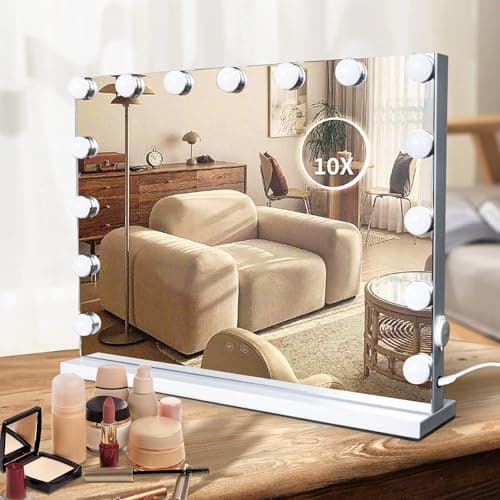 SLIMOON Hollywood Vanity Mirror with Lights, 15 Dimmable LED Bulbs 3 Color Lighted Makeup Mirror with Detachable 10X Magnification Mirror, Tabletop or Wall-Mounted, Touch Control