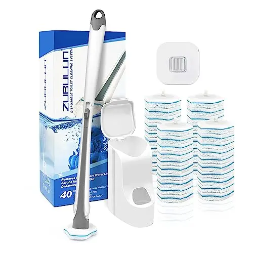 ZUBULUN Disposable Toilet Brush Holder Set Wall Mounted with 40 Cleaner Refills, Small Hidden Bathroom Bowl Cleaning Wand Kit Long Handle with Storage Caddy