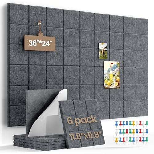 Uoisaiko Large Cork Board Felt Board Tiles for Walls with 30 Push Pins, 11.8"x11.8" Pack of 6 Pin Board Notice Boards for Home Office Kitchen, Bulletin Board Wall Tiles for Photos Memos