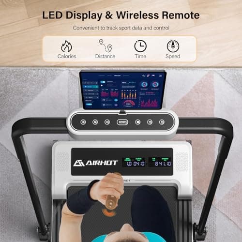 AIRHOT 2in1 Foldable Treadmill, 2.5HP Motor Walking Pad with LED Display and Remote Control, Running Machine for Home Office Use, White 5
