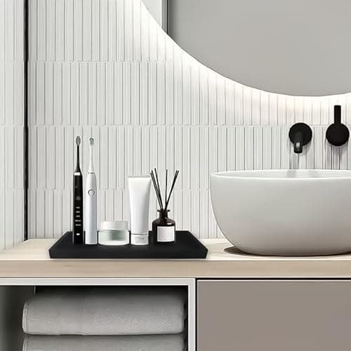 2PCS 11.8” L x 5” W Silicone Soap Dispenser Tray, Bathroom Sink Vanity Trays for Dresser Tops, Toilet, Small Black Tray for Scrubber, Lotion Bottles, Perfume, Jewelry, Candle, Key Trinket Ring-Black 6