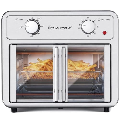 Elite Gourmet EAF1222SS Air Fryer Oven Double French Doors, Bake, Grill, Roast, Broil, Rotisserie, Toast, Warm, Air Fry, Dehydrate, 1500 Watts, with 25 Recipes, 12L. Capacity, Stainless Steel