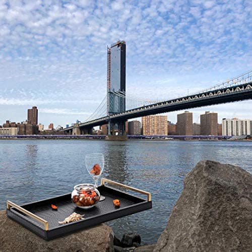 17.8X 11.8 Leather Ottoman Tray, Big Serving Tray with Brushed Gold Handles for Bars, Parties, Dinning, Decorative Tray for Modern Home Decor, Bathroom Vanity (Black) 6