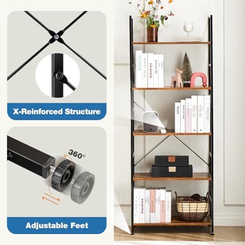 DUMOS 5 Tiers Bookshelf, Classical Modern Book Shelf, Tall Display Shelves in Living Room/Home/Office, Storage Organizer for CDs/Books/Movies, Rustic Brown 6