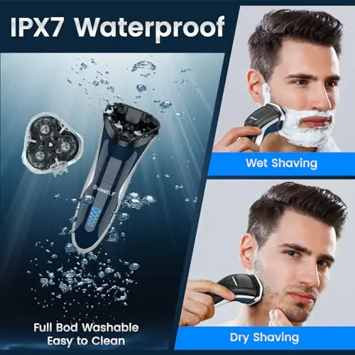 Electric Razor for Men, SweetLF 100% Waterproof Electric Shaver, USB C Rechargeable, Wet & Dry Rotary Shavers for Men with Pop-up Trimmer, Corded and Cordless, Navy Blue 5