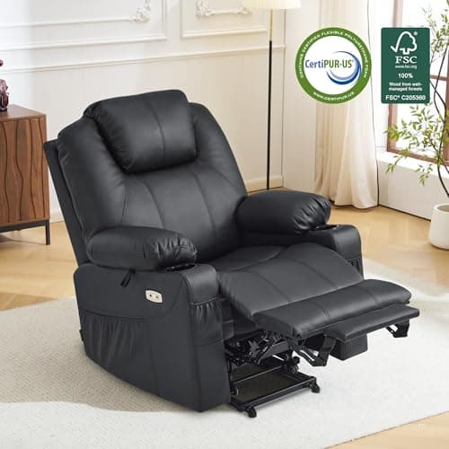 MCombo Power Lift Recliner Chair for Elderly, Lift Chair with Heat and Massage, FSC Certified, USB Ports, Cup Holders, Faux Leather 7040 (Black, Medium) 5