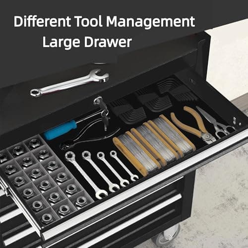 ChicFurnit Tool Chest, 7-Drawer Rolling Tool Chest with 5 Standard and 2 Large Drawers & Top Storage Rack, Storage Box with Four 360° Universal Wheels for Home Workshops, Repair Shops, Black 6