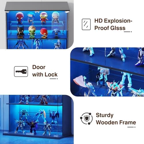 Lvifur Display Cabinet with Glass Doors, 66" Curio Cabinet with Lockable, 4-Tier Bookcase with 3 Color Lights for Collectibles, Storage Cabinets with Human Body for Books, Toys, Black 6