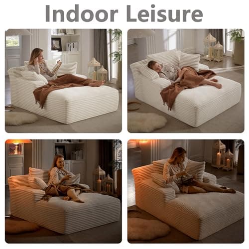 HRVEOCEI 67" Chaise Lounge Indoor, Oversized Chaise Lounge Chair with 3 Comfy Pillows for Living Room Bedroom, Wide Arms Corduroy Fabric High-Density Foam No Assembly Required (White) 7