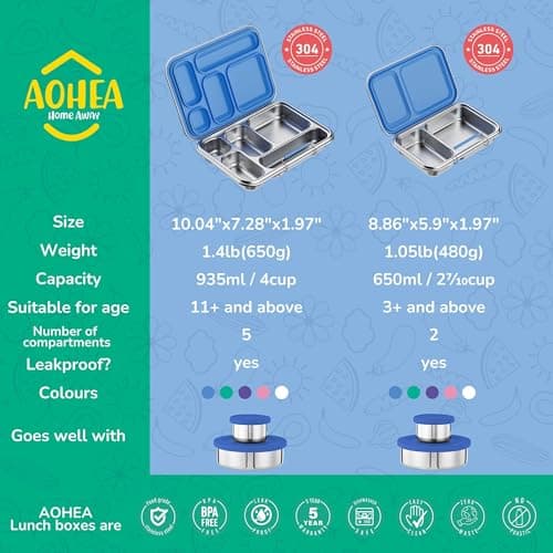 AOHEA Stainless Steel Bento Box Kids, Kids Metal Bento Lunch Box BPA Free Lunch Box Containers 304 Stainless Steel Bento Box for School and Office(Bule) 5