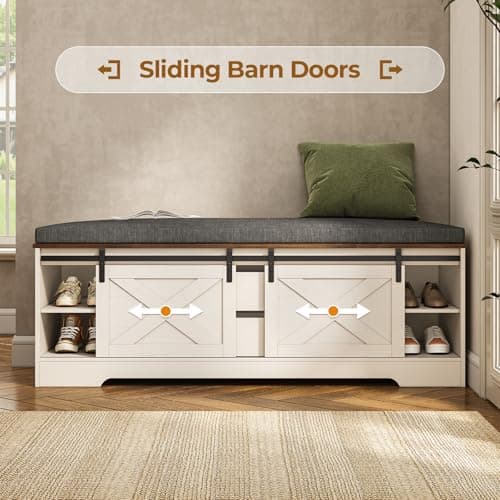 UPOSOJA 60“ Farmhouse Storage Bench with Cushion, Shoe Rack with Slide Barn Doors, Adjustable Shelf and 2 Drawer for Entry, Bedroom, Closet, Living Room, Hallway (White Brown, 60 in) 5