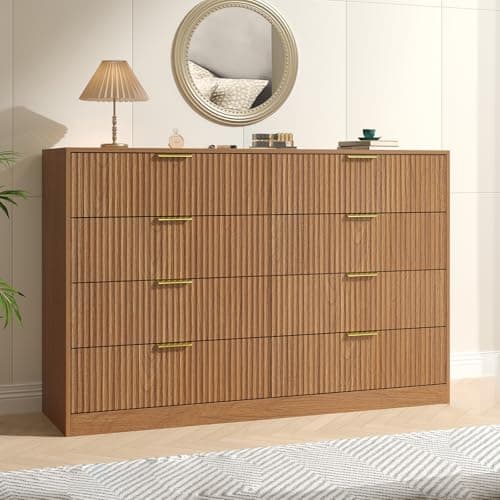 NOVAMAISON Fluted Dresser for Bedroom with 8 Drawer, 55” Wide Wooden Dresser Mid Century Chest of Drawers w/Gold Handle, Fluted Dressers TV Stand Closet Storage Organizer for Living Room, Natural Oak